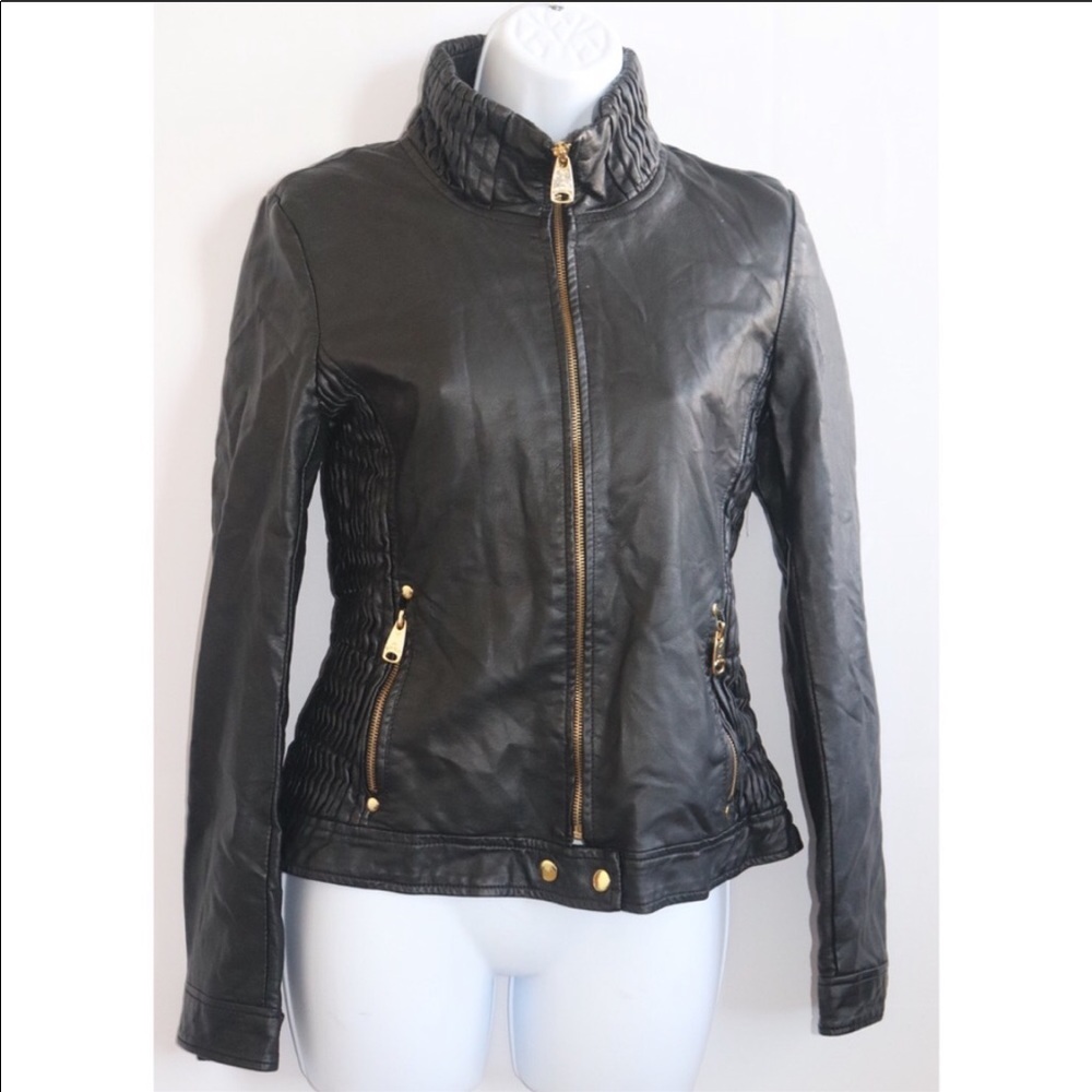 Via spica vegan faux leather black gold jacket